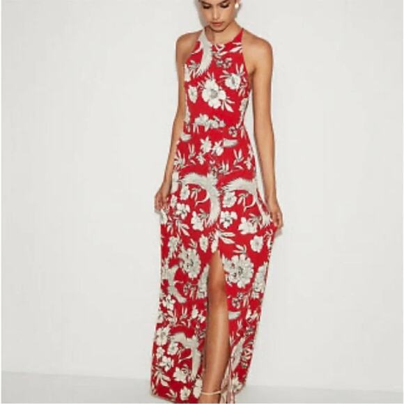 Express Dresses & Skirts - NWT Express Halter Maxi Dress XS Red White Crane Floral Side Slit Tie Back